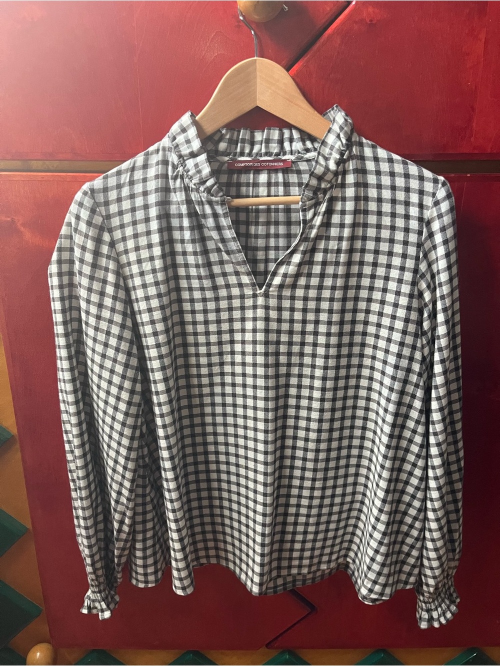Comptoir Des Cotonniers Black & White Gingham Ruffle-Neck Button-Front Blouse
